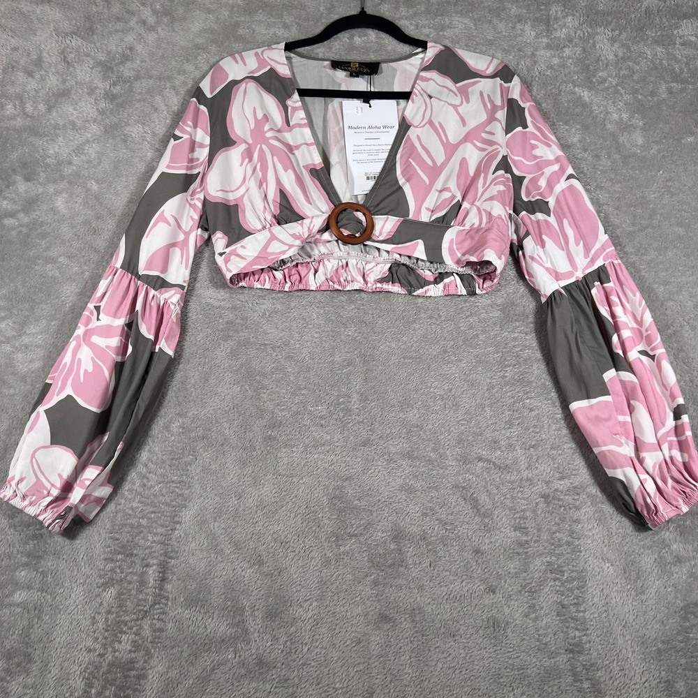 LexBreezy Moani Crop‎ Top Womens Large Pebble Pua Melia Pink Floral LS NEW